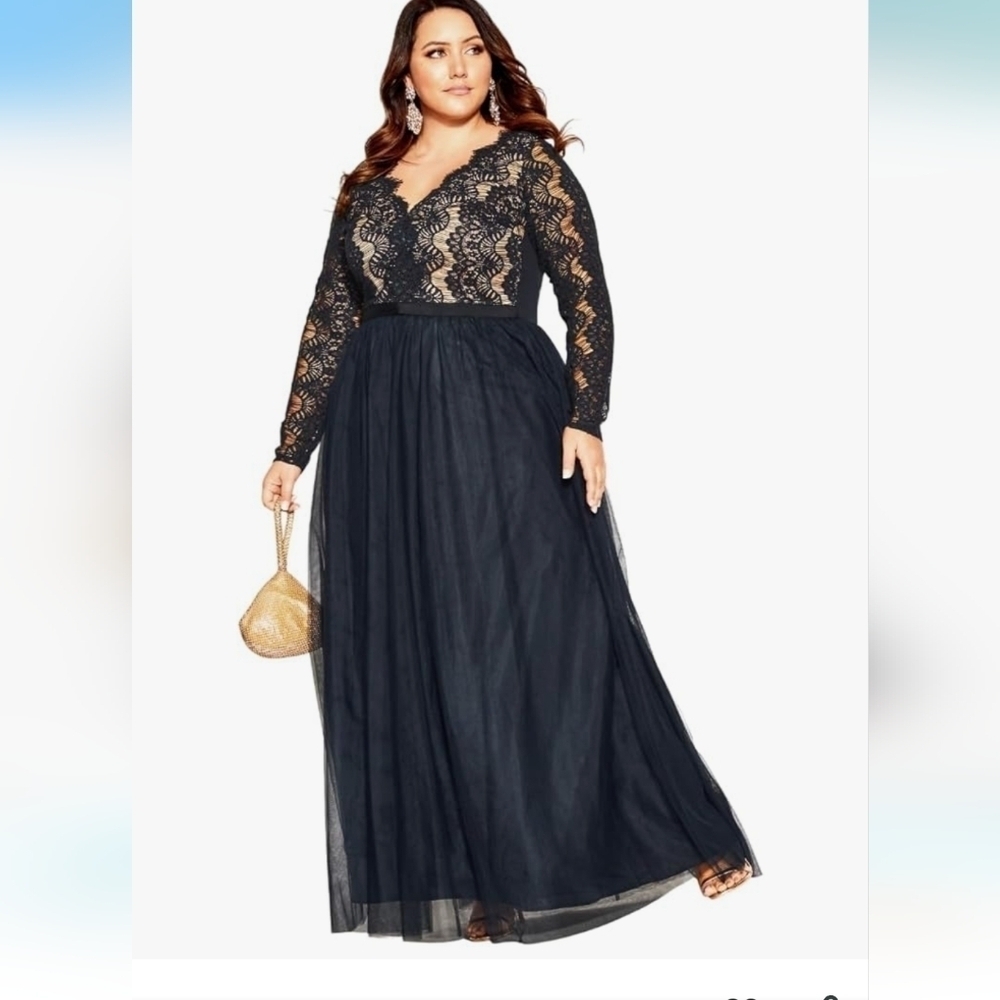 NWT City Chic Navy Blue Rare Beauty Maxi Dress Lace Tulle Skirt Gown sz 14 XS